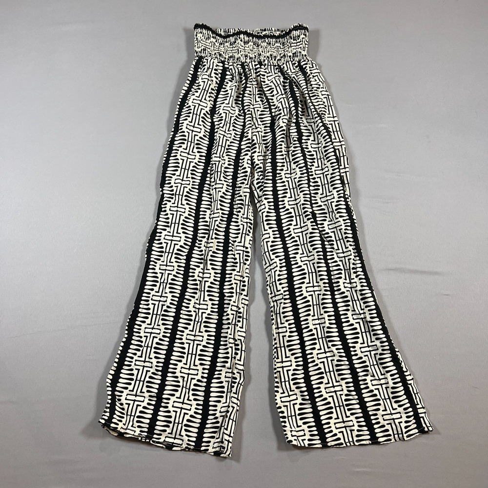 Classic Concepts Palazzo Pant Women Medium Petite Black White Geometric Wide Leg